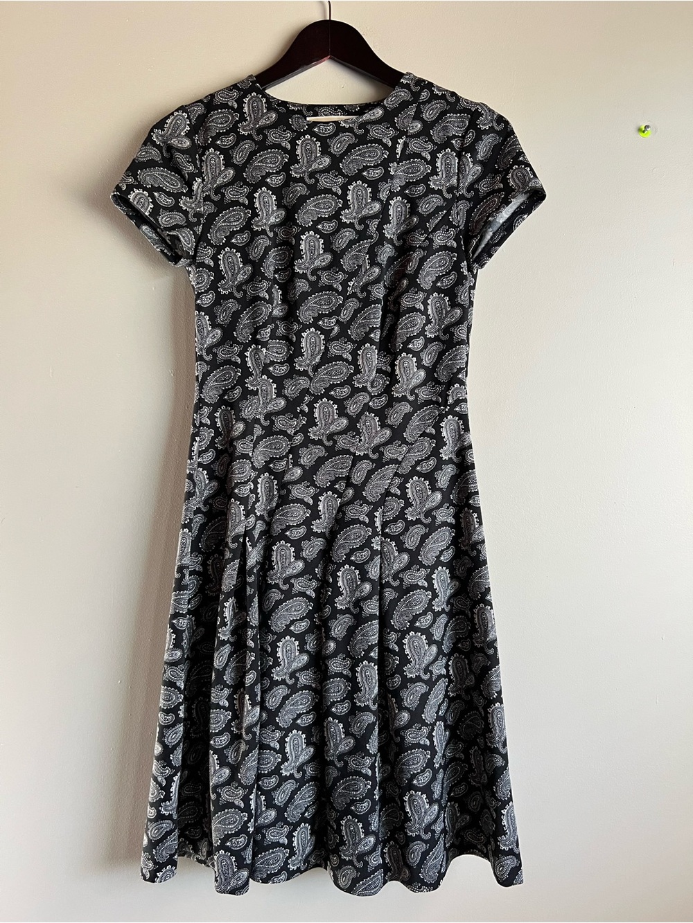 Michael Kors Black White Paisley Fit Flare Dress Short Sleeve Stretch Career